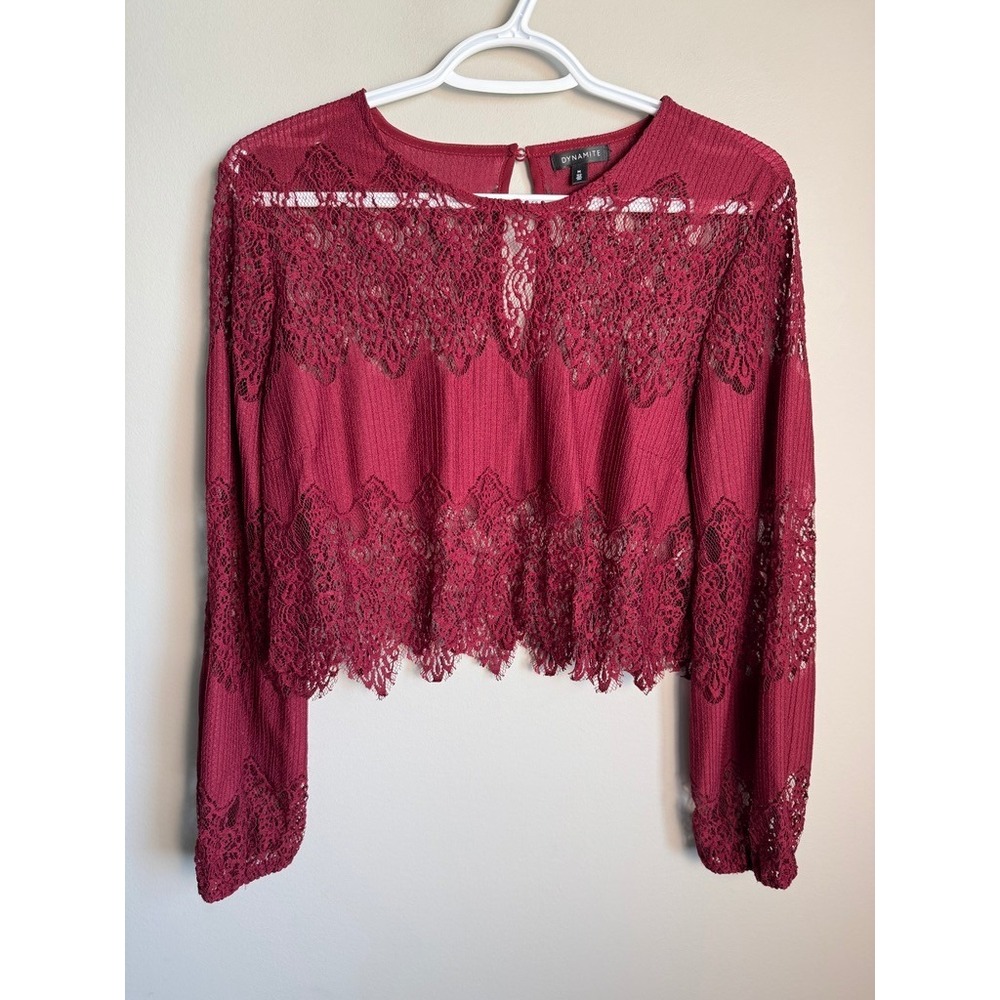 Dynamite Sheer Lace Long Sleeve Crop Top Medium Burgundy Boho Romantic Coquette